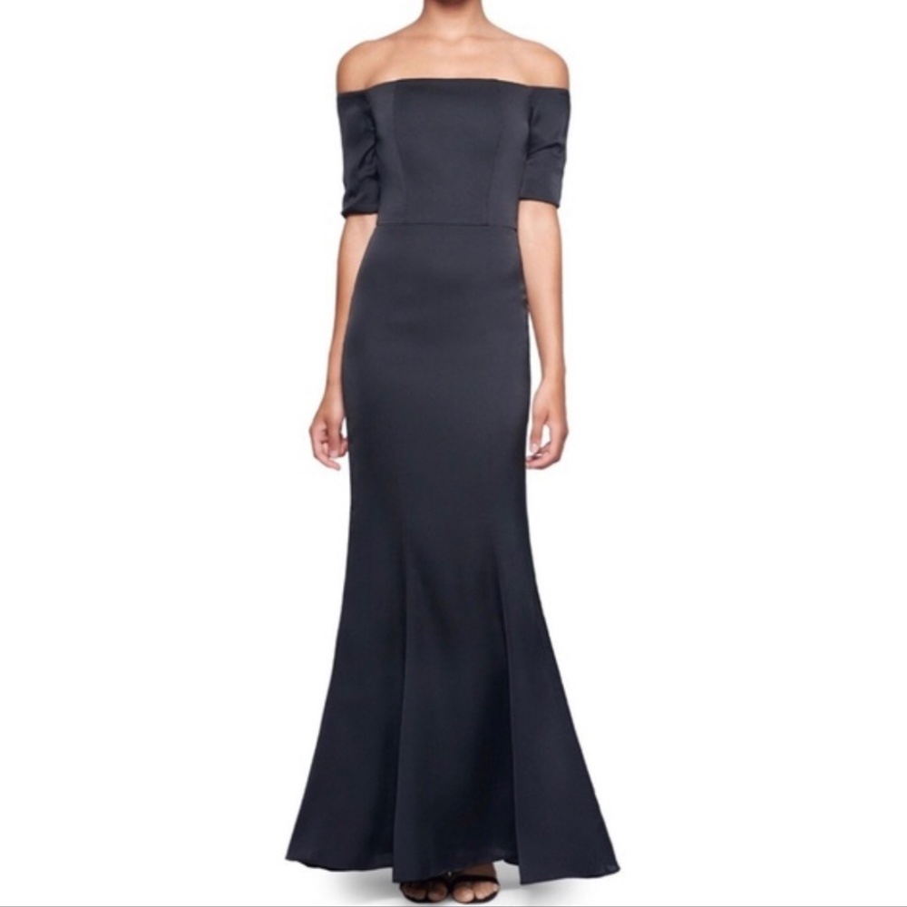 Fame & Partners black satin off the shoulder gown 8